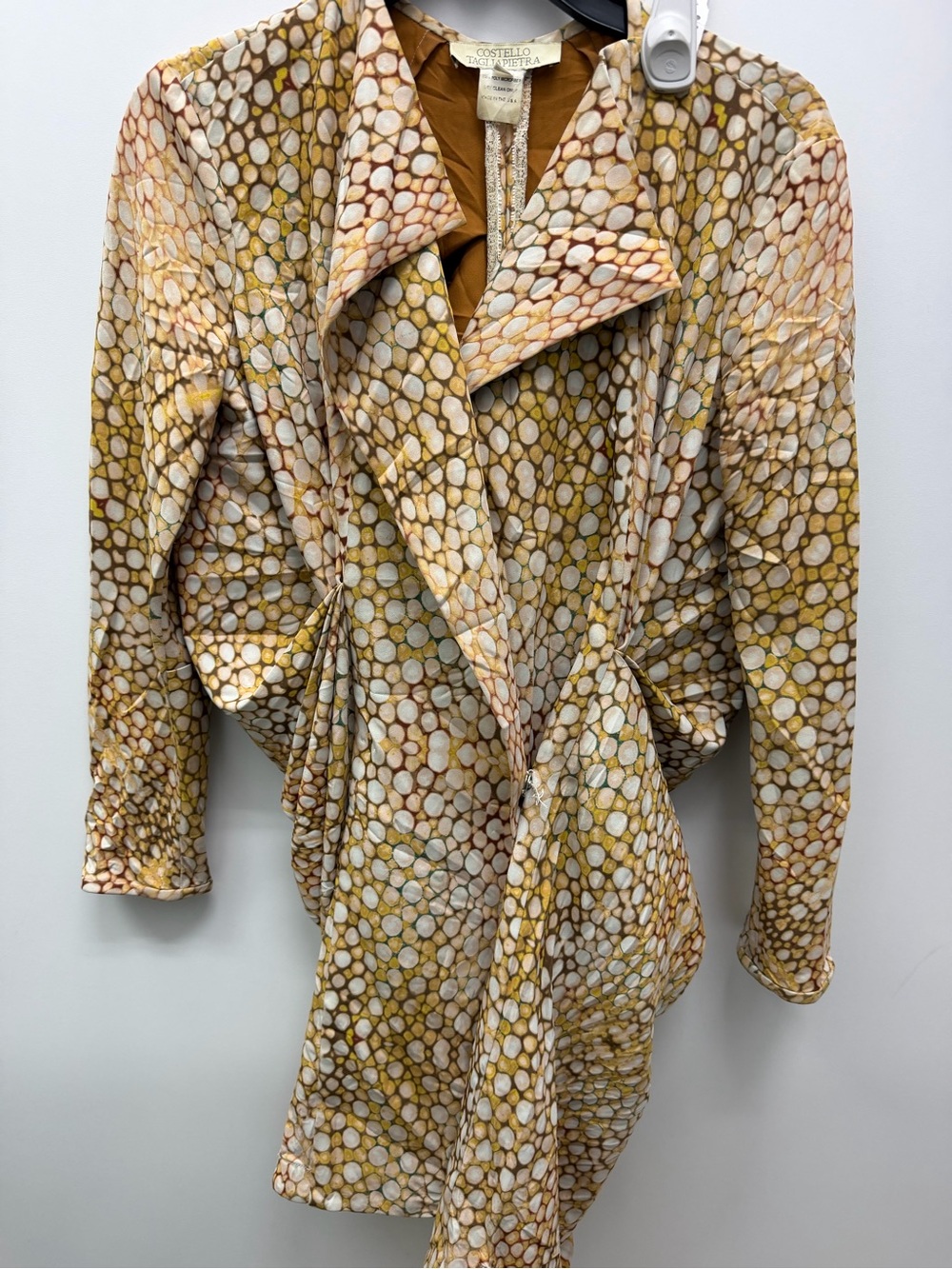 Costello Tagliapietra Avant-Garde Draped Shirtdress, Ochre Abstract Print